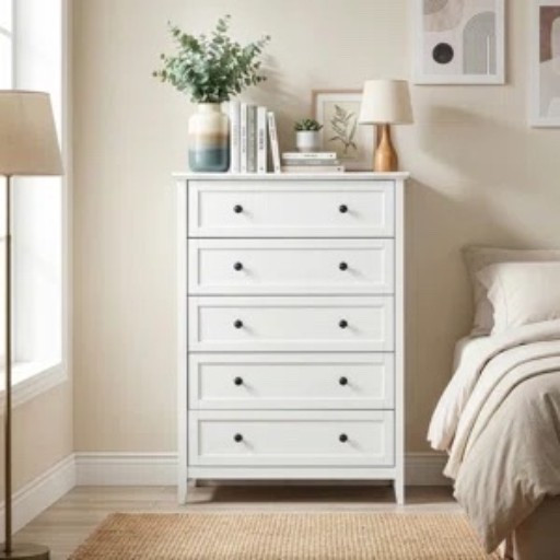 I love a dresser that gives you a lot of storage without taking over the whole room. This white 5-drawer chest from Wayfair is only 31.5” wide, so it works really well for a smaller bedroom, guest room, or even a nursery. The framed drawer fronts and little black knobs keep it simple, and it looks so good styled with books, a small lamp, greenery, and neutral wall art. It’s part of Wayfair’s Labor Day Deal, currently shown at $152.99 and 21% off.