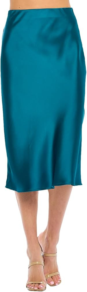 Women Solid High Waist Silky Casual Elastic Satin Midi Skirt -Made in USA (Available in Plus Size... | Amazon (US)