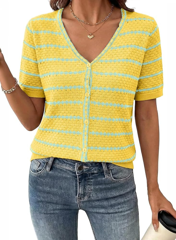 Dokotoo Cardigan Sweaters for Women Spring Summer Short Sleeve Crochet Striped V Neck Button Casu... | Amazon (US)