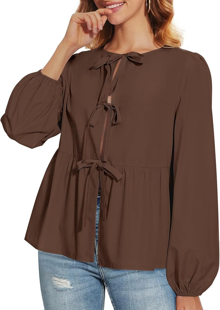 Tie Front Tops for Women Puff Long Sleeve Shirt Peplum Hem Cute Babydoll Blouse Y2k Going Out Top... | Amazon (US)