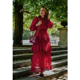 Crochet Lace Pleated Tiered Chiffon Maxi Dress in Red | Chicwish