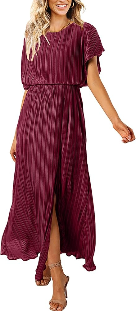 ECOWISH Womens Summer Maxi Dresses: Crew Neck Ruffle Cocktail Dress Sexy Pleated Slit Long Sundre... | Amazon (US)