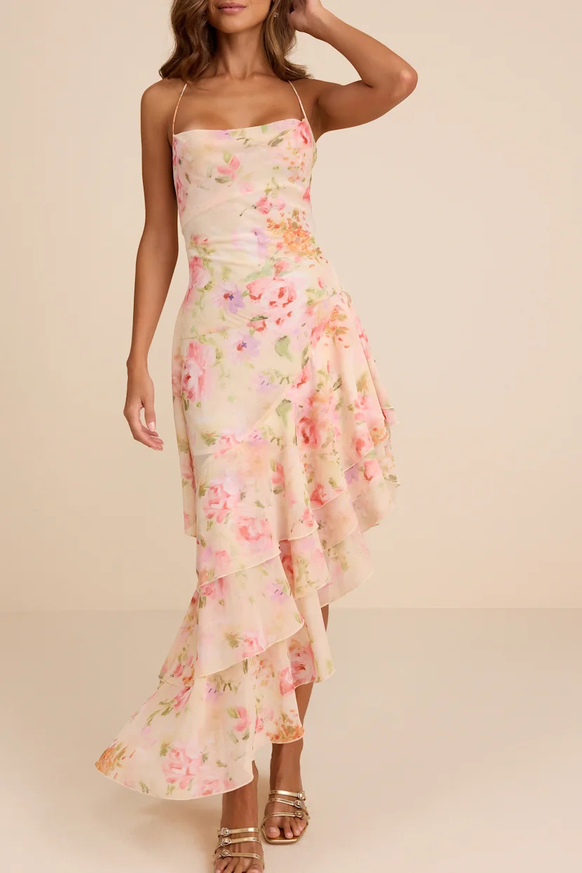 Mava Light Peach Multi Floral Asymmetrical Maxi Dress | Lulus