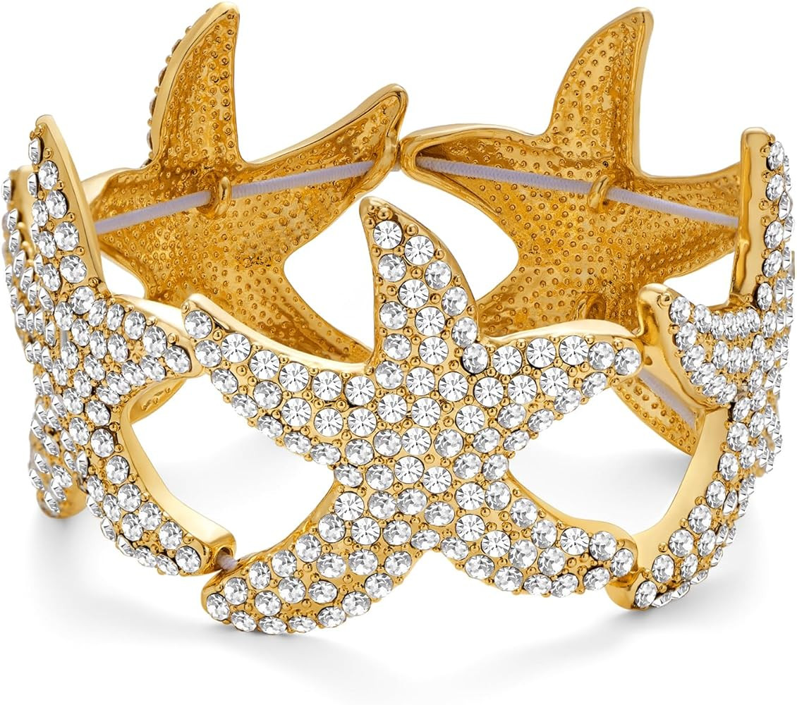 Chunky Starfish Bangle Bracelets for Women Trendy Shiny Crystal Sea Star Elastic Bracelet Vintage... | Amazon (US)