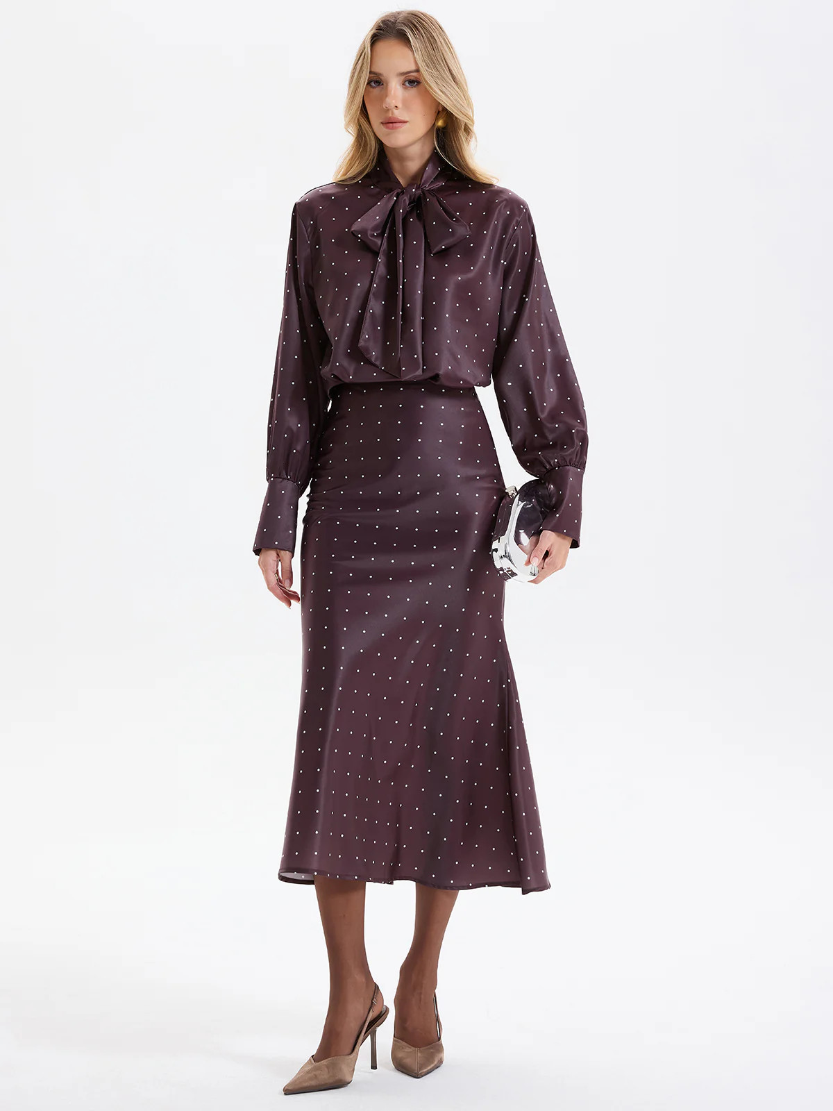 Polka Dot Bow-Tie Blouse and Midi Skirt set | Commense