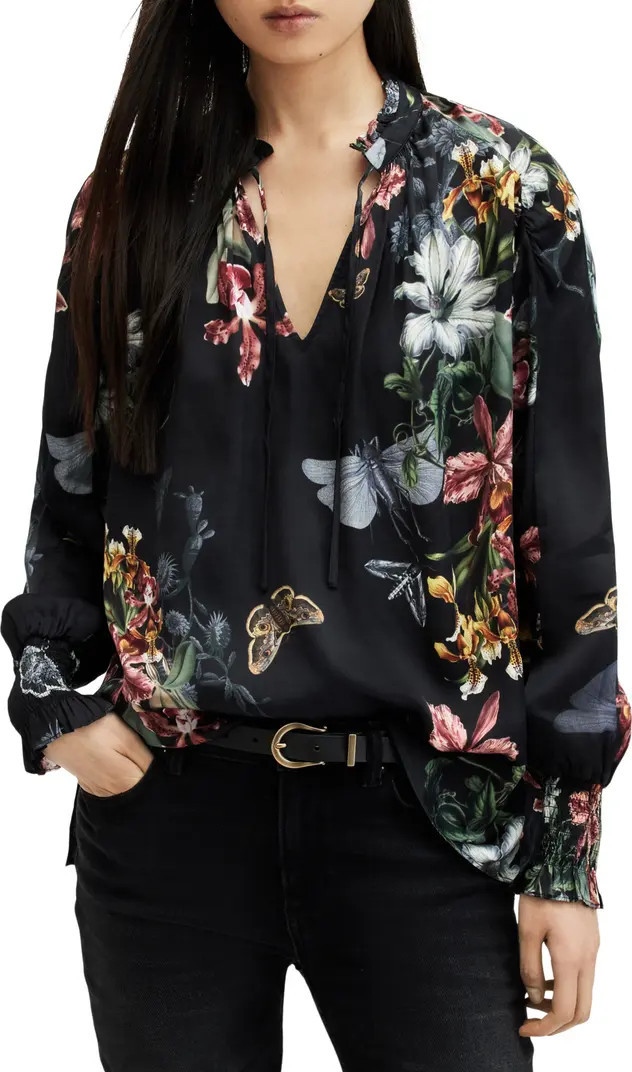 AllSaints Mara Sanibel Floral Print Tie Neck Top | Nordstrom | Nordstrom