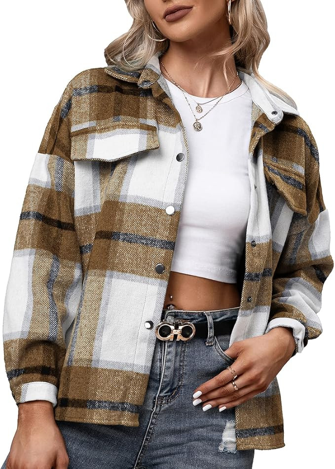 Womens Plaid Shacket/Jacket- Oversized Wool Loose Lapel Coat Button Down Long Sleeve Shacket Shir... | Amazon (US)