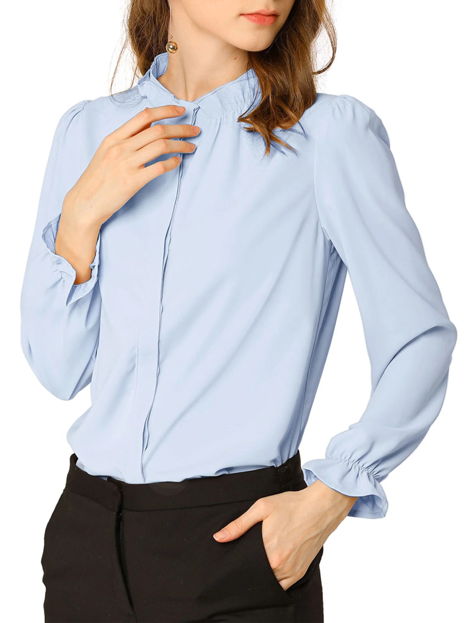 Allegra K Women's Ruffled Trim Button Down Stand Collar Long Sleeve Blouse Top | Walmart (US)