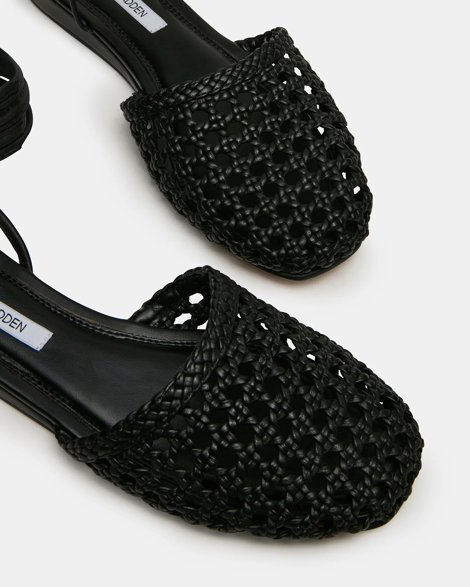 FLUTTER Black Leather Woven Mule Leg-Ties Strappy Women's Flat | Steve Madden (US)