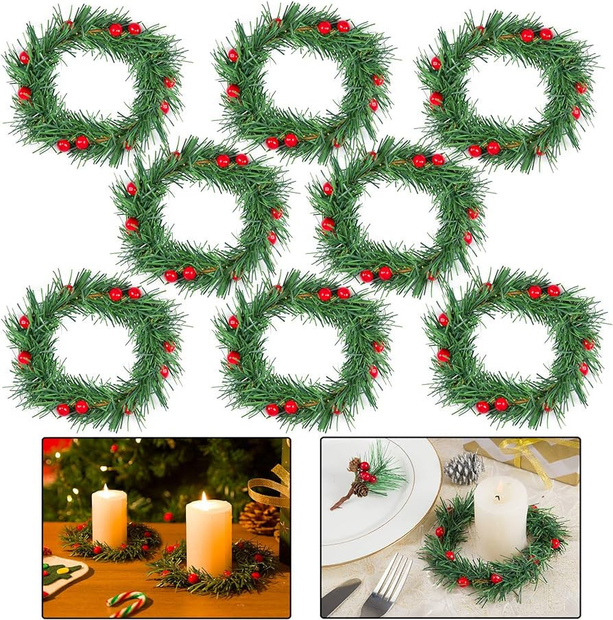 8Pcs 3.5 inch Christmas Candle Ring, Xmas Artificial Berry Candle Rings, Small Wreaths for Pillar... | Amazon (US)