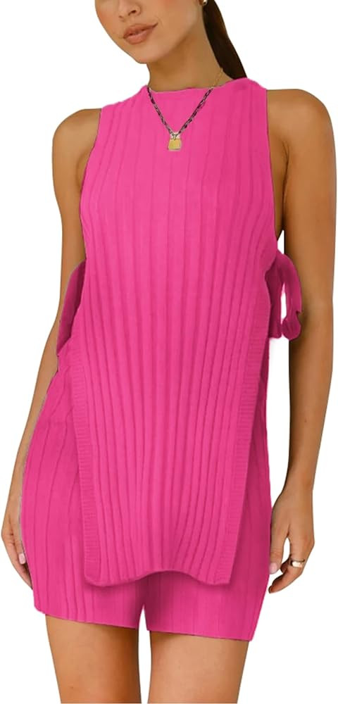 Womens Summer Sweater Set Sleeveless Knit tie straps Top Matching Shorts 2 Piece Beach Vacation O... | Amazon (US)