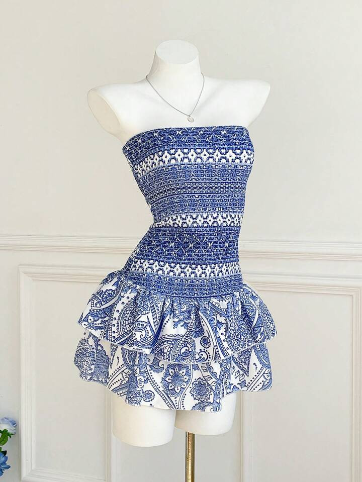 Elamini Vacation Casual Print Bandeau Dress | SHEIN