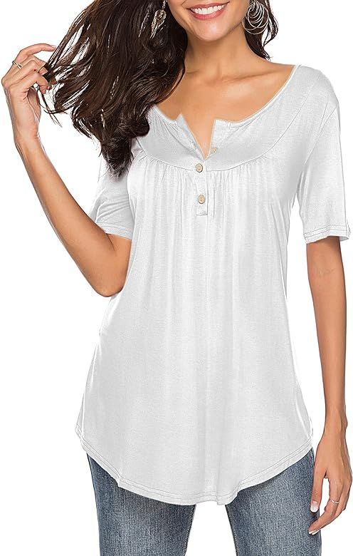 Sarin Mathews Womens Shirts Casual Tee Shirts V Neck Short Sleeve Button Up Loose Fits Tunic Tops... | Amazon (US)