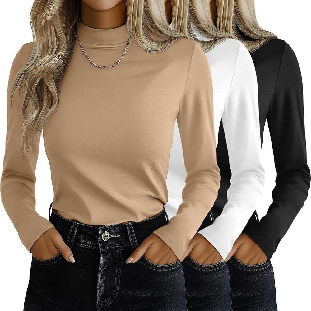 Ficerd 3 Pack Women's Mock Turtleneck Shirts, Long Sleeve Mock Neck Pullover Tops Slim Fitted Str... | Amazon (US)