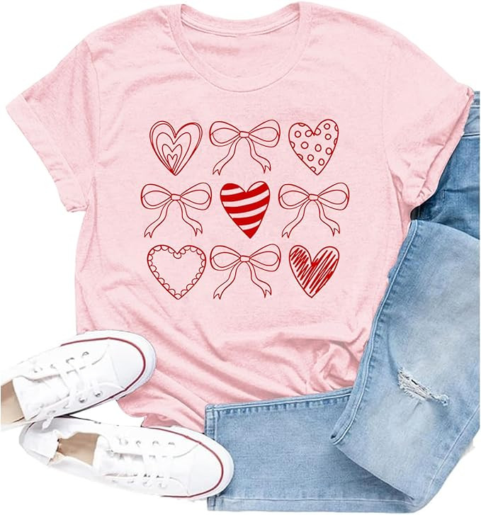 Cutesong Valentines Shirt for Women Romantic Love Heart Bow T-Shirts Valentine Day Lover Tee Tops | Amazon (US)