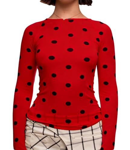 Women Red and Black Polka Dot Top Ladybug Costume Long Sleeve Crewneck Y2K Crop Tops Dots Print Stretch Slim Fit T Shirts(Sexy Red,Medium) | Amazon (US)