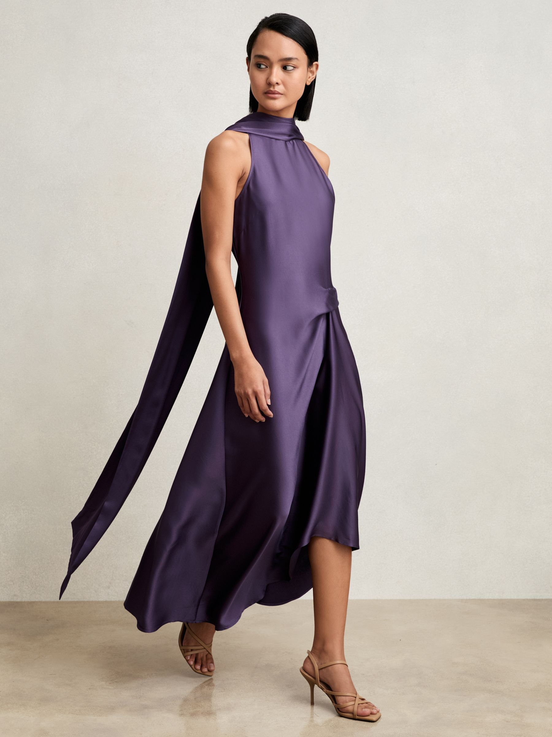 Reiss Satin Tuck-Detail Cape Midi Dress in Purple | REISS | Reiss US