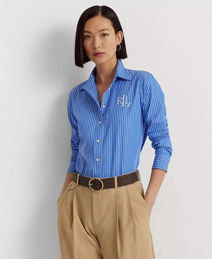 Lauren Ralph Lauren Women's Striped Cotton Broadcloth Shirt, Regular & Petite - Macy's | Macy's