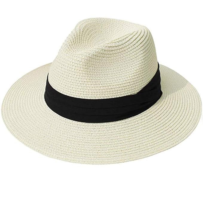 Womens Mens Wide Brim Straw Panama Hat Fedora Summer Beach Sun Hat UPF | Amazon (US)