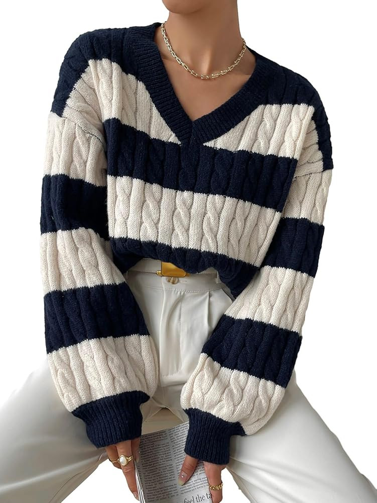 SHENHE Women's Oversized Cable Knit Colorblock V Neck Striped Long Sleeve Sweater Pullover | Amazon (US)