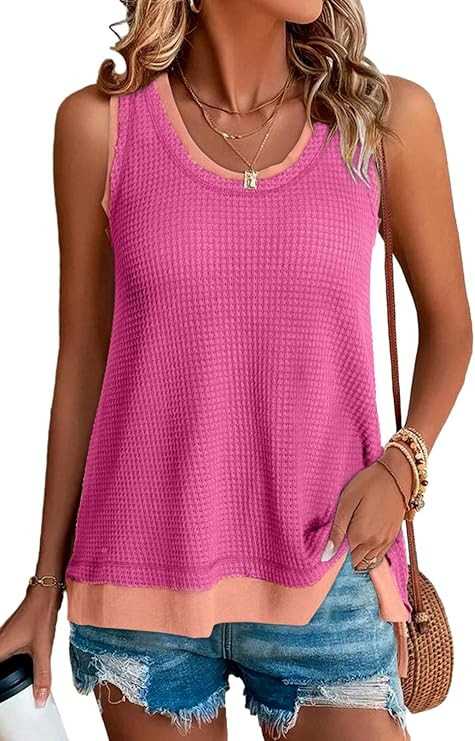 BLENCOT Women's Tops Waffle Knit Summer Tank Tops Casual Scoop Neck Sleeveless Loose Tunic Shirts | Amazon (US)
