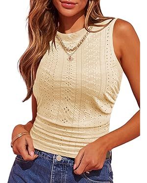 HOTOUCH Tank Top for Women Sleeveless Summer Mock Neck Ruched Eyelet Slim Fit Crop Top | Amazon (US)