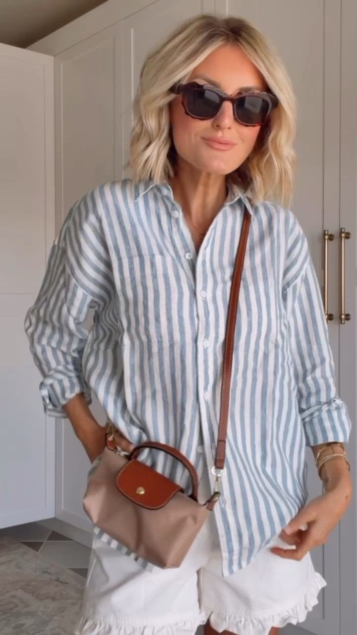 How good is this striped linen button down? I went shopping around and this was my look- breathable yet elevated! Wearing S in the top and 6 in shorts. 

Loverly grey, beach outfit ideas, casual style, elevated basics, capsule wardrobe spring 2026, everyday easy looks, vacation outfit inspo

#LTKTravel #LTKSeasonal