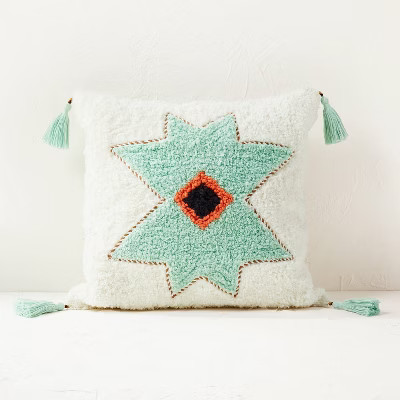 Geometric Medallion Tufted Square Throw Pillow Cream/Light Teal - Opalhouse™ designed with Jung... | Target