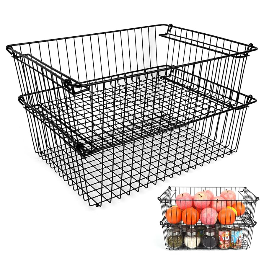 Set of 2 Stackable XXL Wire Baskets For Pantry Storage and Organization -16x12in Large Metal Food... | Amazon (US)