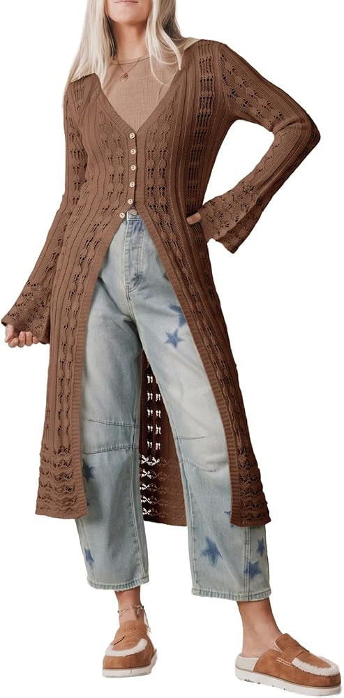 Sidefeel Womens Long Cardigans Crochet Duster Button Up Bell Long Sleeve Trendy Fall Lightweight ... | Amazon (US)