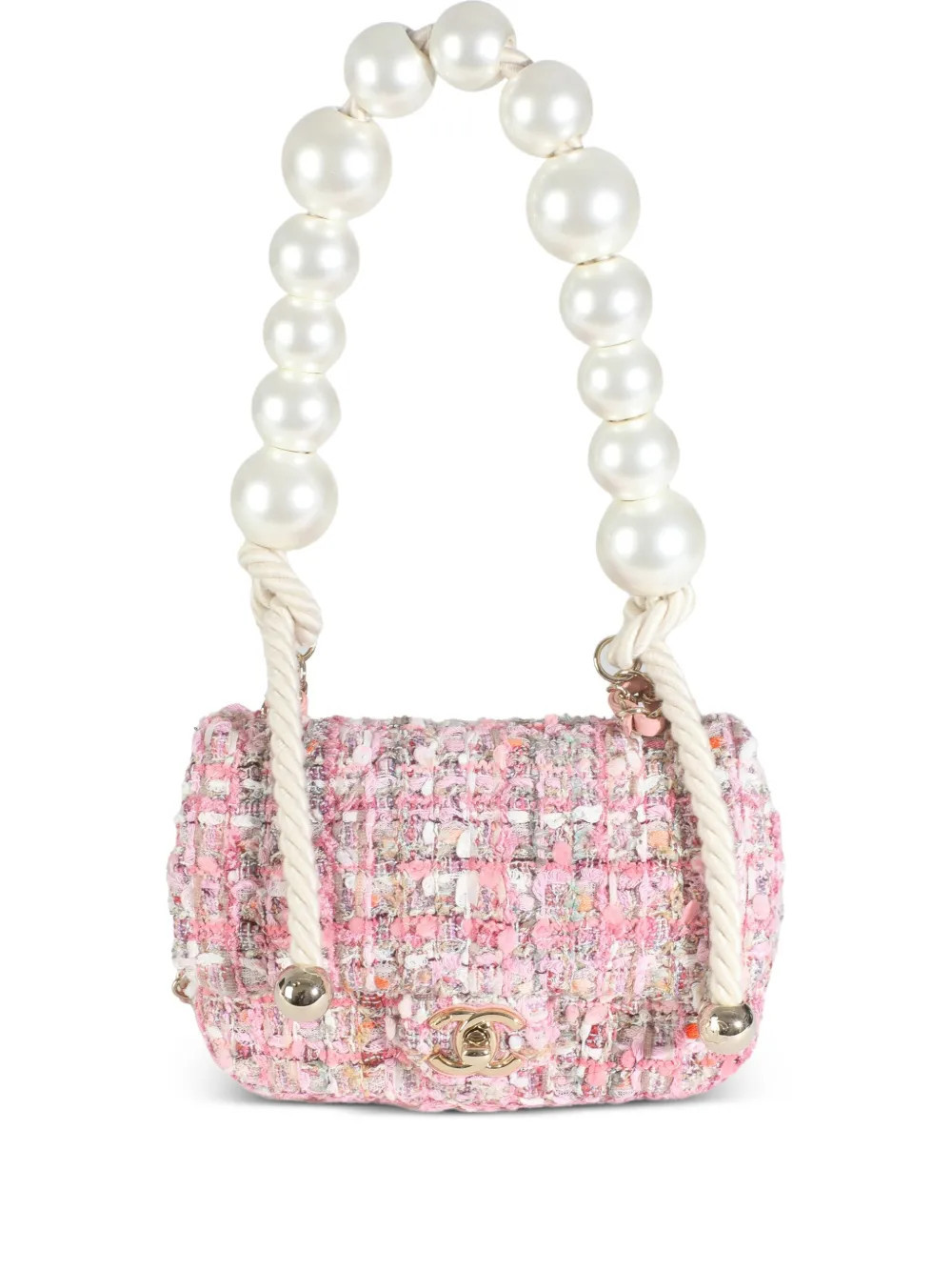CHANEL Pre-Owned mini tweed pearl Flap shoulder bag - Pink | Farfetch Global