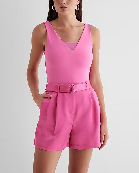 Super High Waisted Satin Belted Pleated Shorts | Express