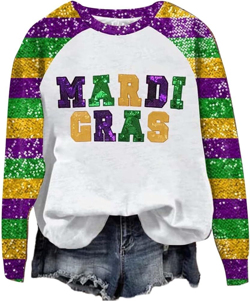 Nagub Mardi Gras Shirt for Women Long Sleeve Crewneck Carnival Sweatshirts Novelty Tops Going Out... | Amazon (US)