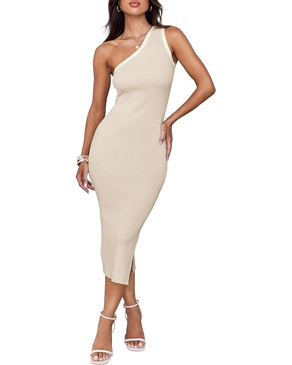 ZESICA Women's Summer One Shoulder Bodycon Midi Dresses 2024 Casual Sleeveless Ribbed Knit Side S... | Amazon (US)