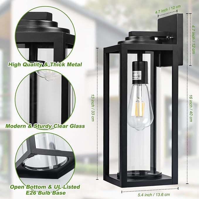 16inch Large Outdoor Wall Lights - 2 Packs Modern Black Exterior Light Fixture with Clear Glass S... | Amazon (US)