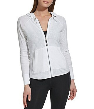 DKNY Sport by Donna Karan Long Sleeve Full Zip Mini Slub Waffle Pocketed Hoodie - XS | Dillard's