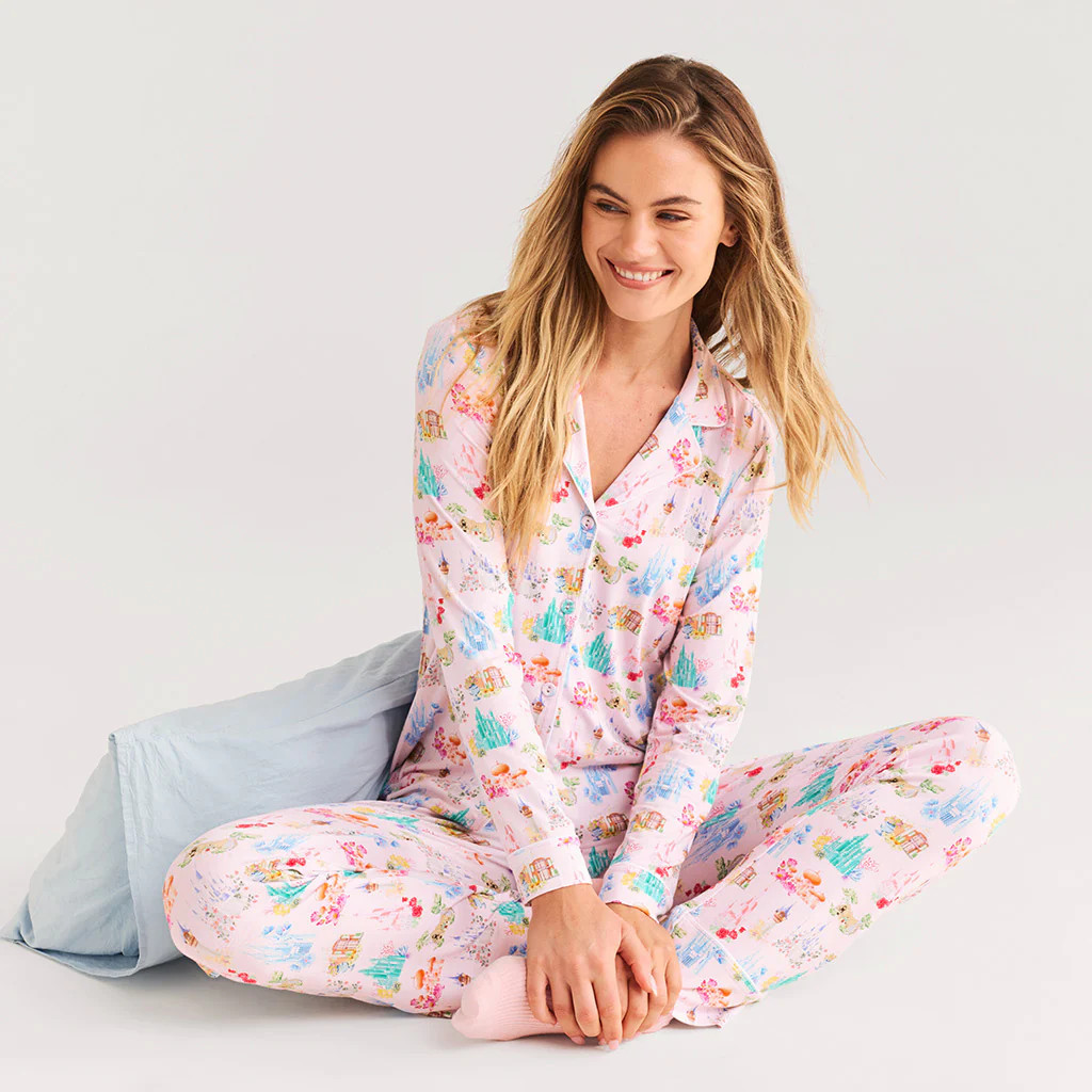 Princess Pink Long Sleeve Disney Castles Women's Luxe Pajama Pant Set | Posh Peanut® | Posh Peanut