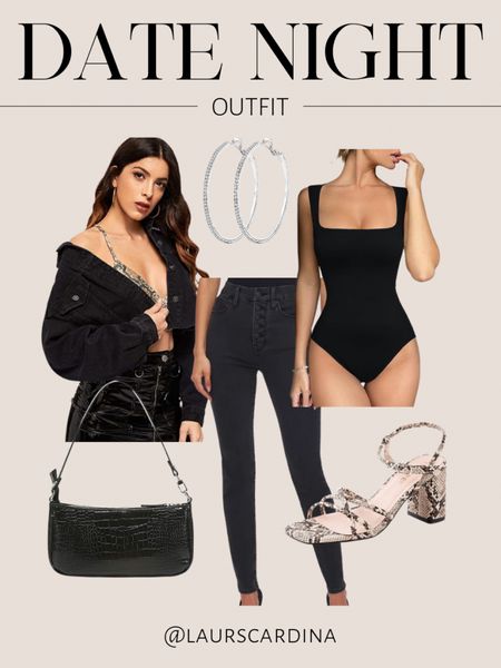 This date night outfit includes a black crop denim jacket, black bodysuit, black jeans from Good American, strappy snakeskin print heels, a black clutch with a shoulder strap, and large silver rhinestone hoops. 

#LTKunder50 #LTKshoecrush #LTKstyletip