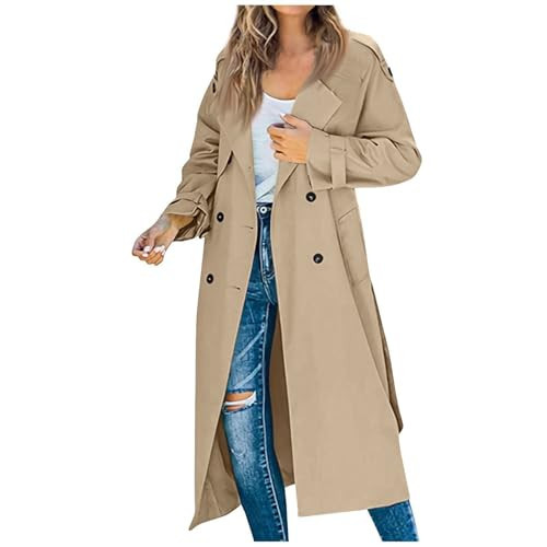 Classic Women's Double Breasted Long Trench Coat - Windproof, Spring/Fall - Tan Overcoat with Belt | Amazon (US)