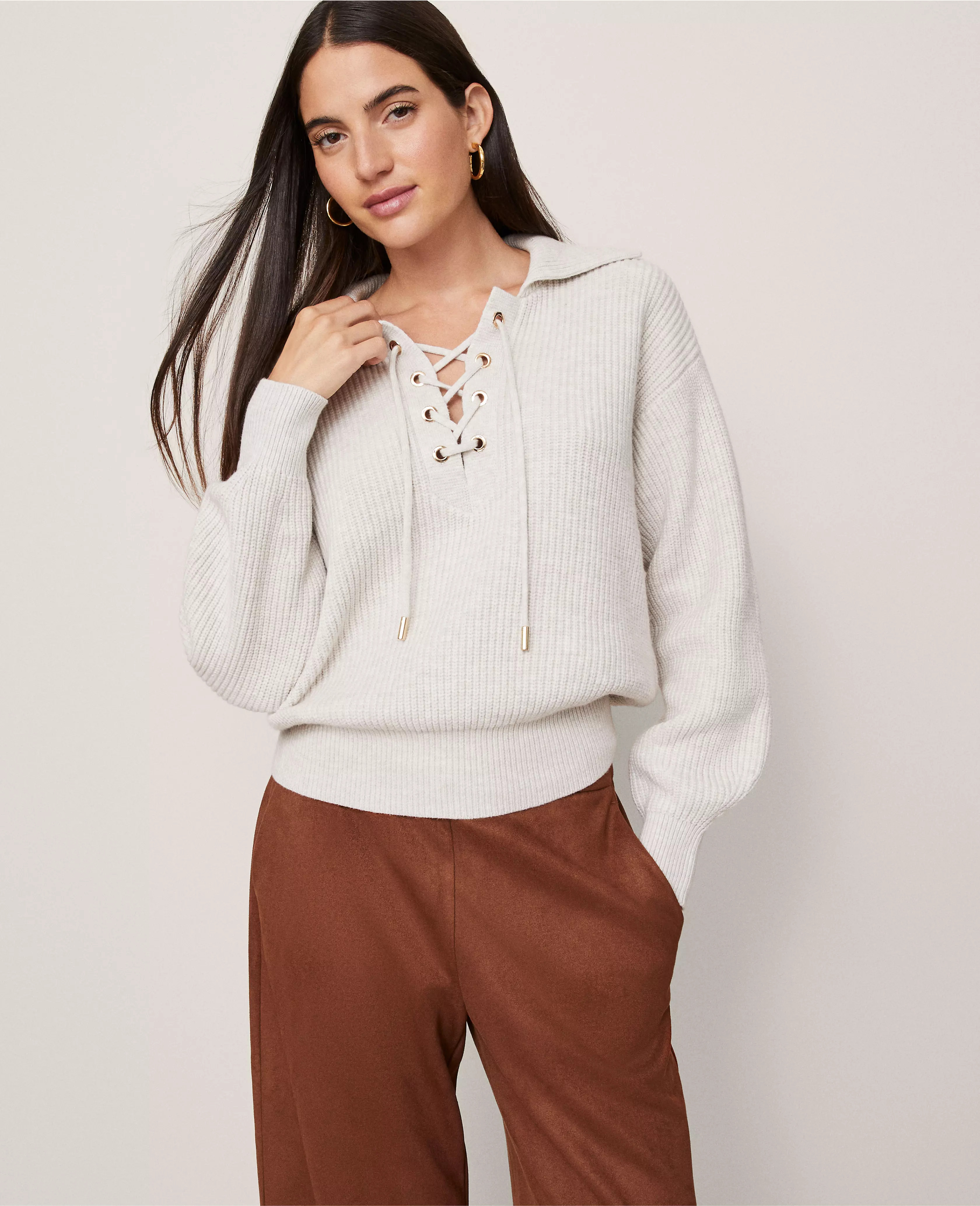 Weekend Collection Lace-Up Ribbed Sweater | Ann Taylor