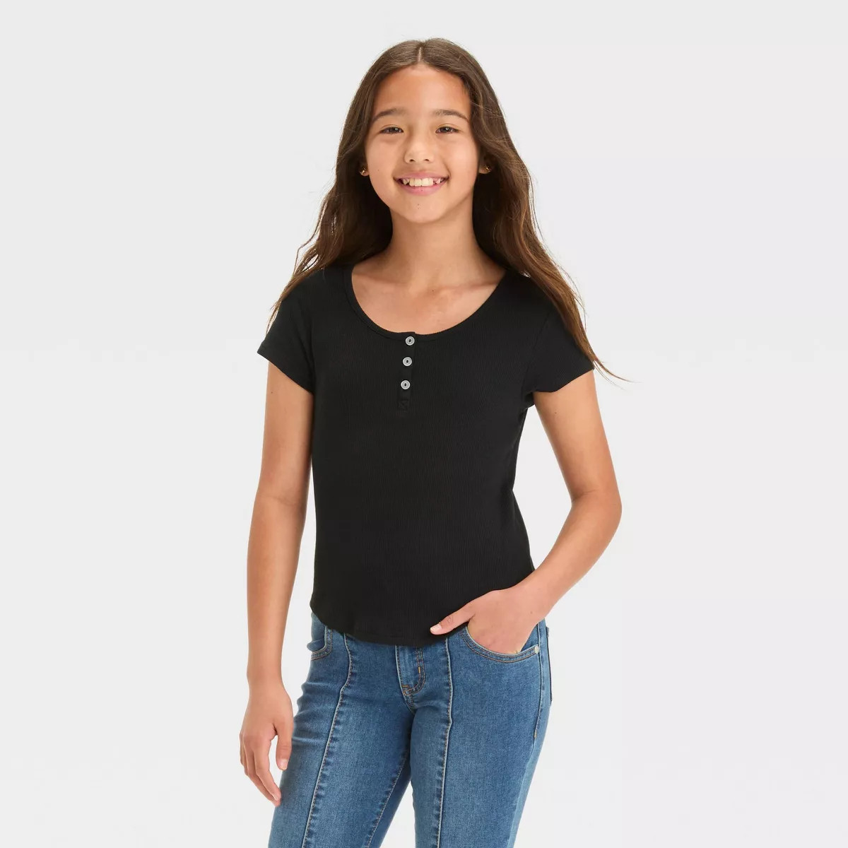 Girls' Button Front Henley T-Shirt - art class™ Black XS | Target