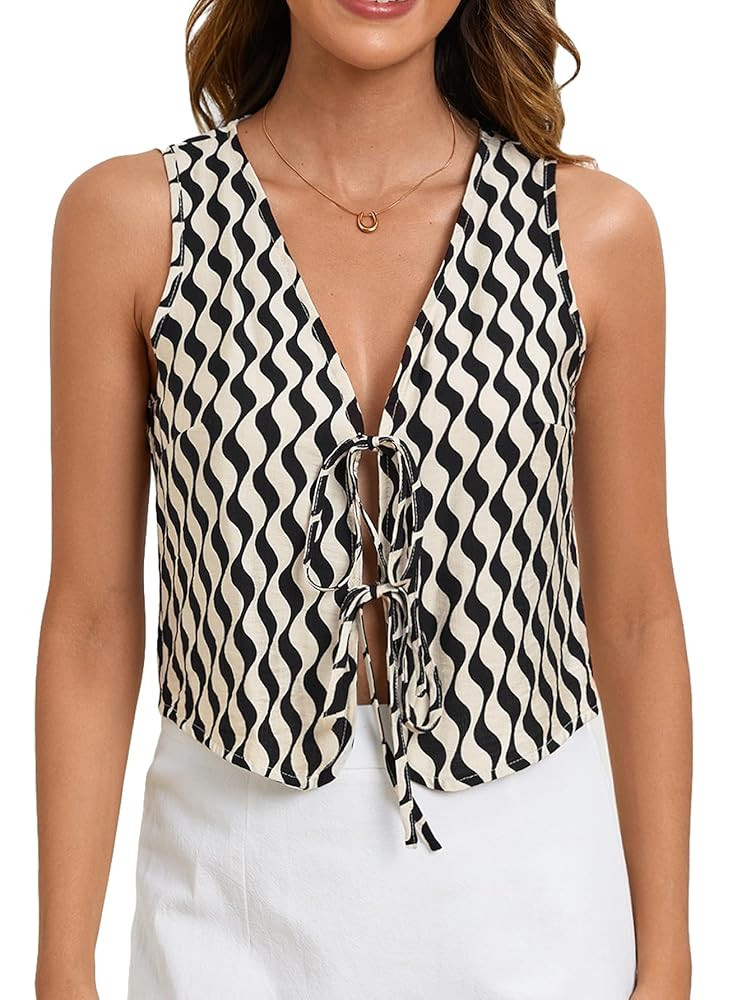 Verdusa Women's Bow Tie Knot Front V Neck Wave Print Sleeveless Crop Top Boho Vest | Amazon (US)