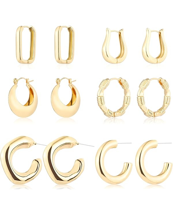 6 Pairs 14K Gold Hoop Earrings for Women Lightweight Chunky Hoop Earrings Multipack Hypoallergeni... | Amazon (US)