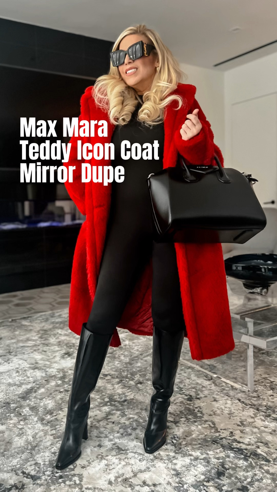 Winter Outfit with the Red Max Mara Teddy Icon Faux Fur Coat Dupe- wearing a M and it comes in more colors! So good!
Fendace Knee High Boot Dupes
Black Long Sleeve Mock Neck Jumpsuit - wearing a s
YSL Blaze Sunglasses Dupes
Fendace Shiny Black Knee High Boots with Hollow Heel

#LTKfindsunder100 #LTKstyletip #LTKworkwear