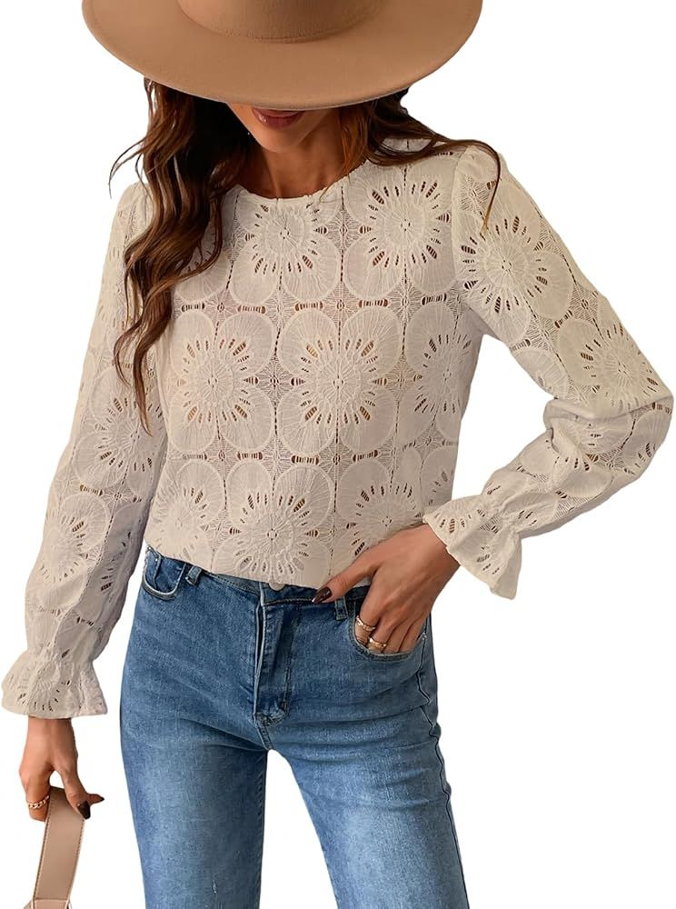 CUPSHE Women Casual Embroidered Floral Eyelet Long Sleeve Blouses Trumpet Sleeve Woven Slim Fit B... | Amazon (US)