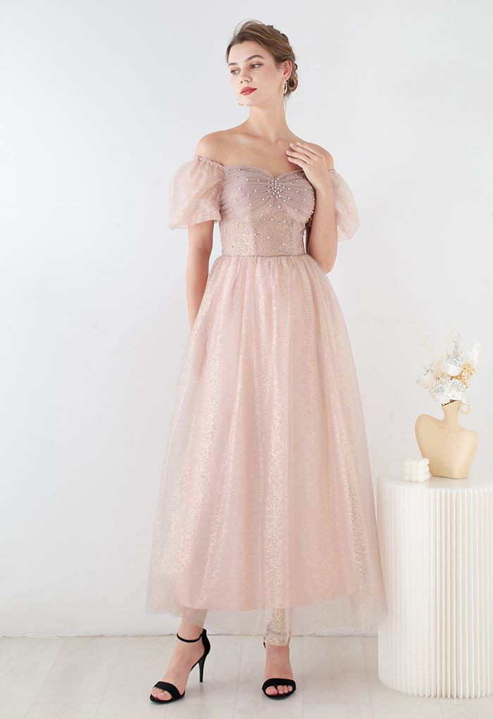 Off-Shoulder Puff Sleeve Beaded Mesh Gown | Chicwish