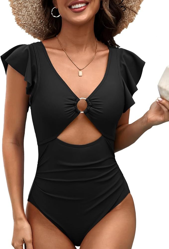 SOCIALA Ruffle One Piece Swimsuit Women O-Ring Cutout Bathing Suit Sexy Tummy Control Monokini Sw... | Amazon (US)