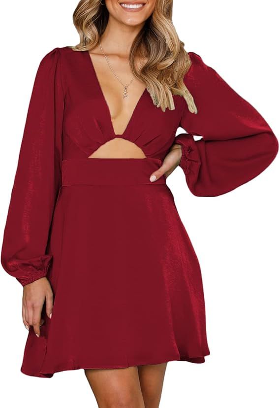 Women's Satin Long Sleeve Cut Out Mini Dress Silk Lantern Sleeve V Neck A-line Sexy Cocktail Shor... | Amazon (US)