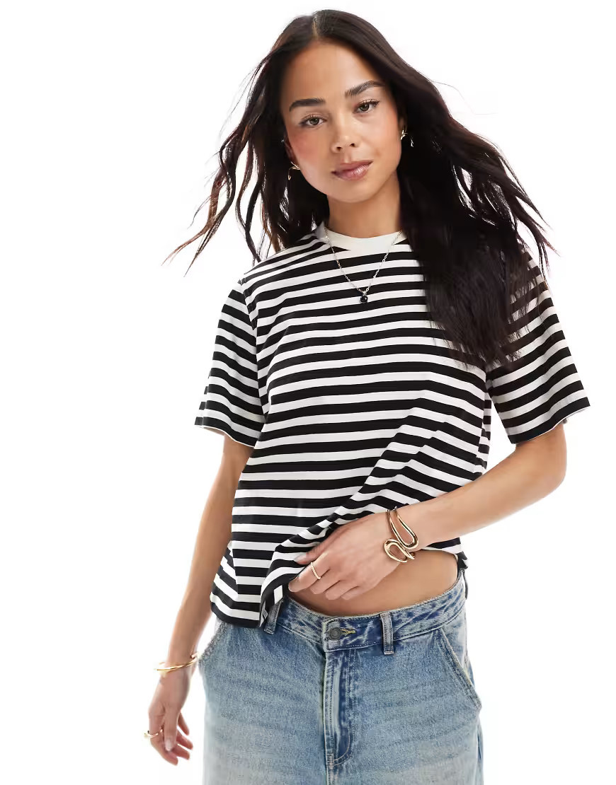 ONLY contrast neck t-shirt in black & white stripes | ASOS (Global)