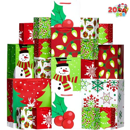 JOYIN 20 PCS Christmas Goody Gift Bags with Handles Assorted Sizes, Holiday Paper Presents Wrapping Bag for Xmas Gift-Giving, Thanksgiving Gift Decor, Classroom Treat Candy and Party Favors | Amazon (US)